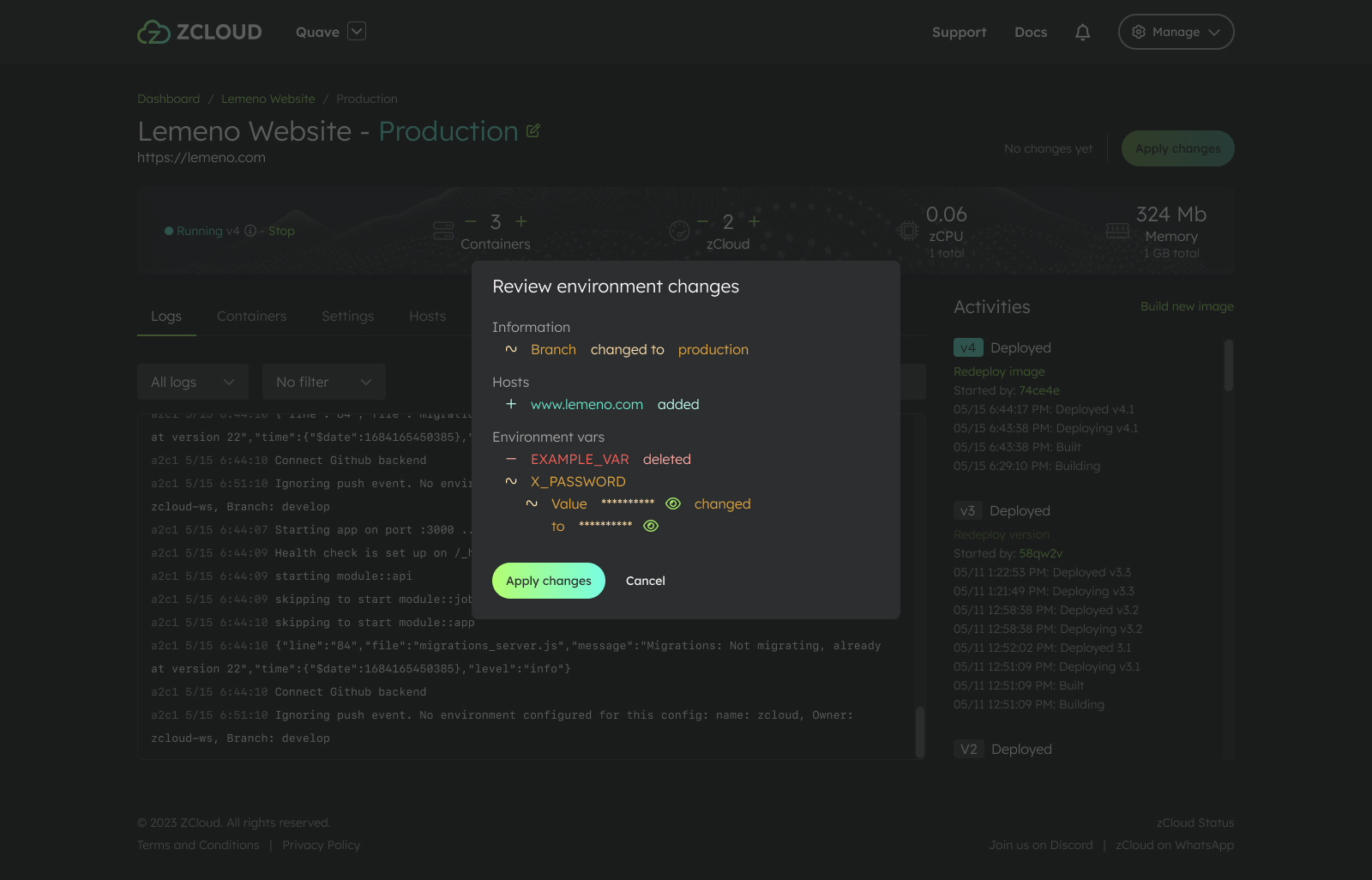 zCloud Apply changes modal